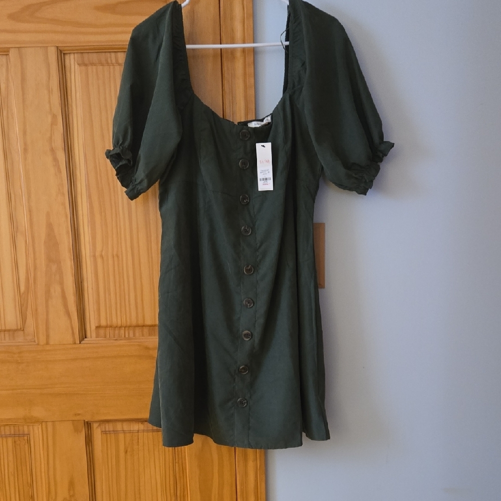 Dark Green Button-Front Puff Sleeve Mini Dress - Francesas L NWT